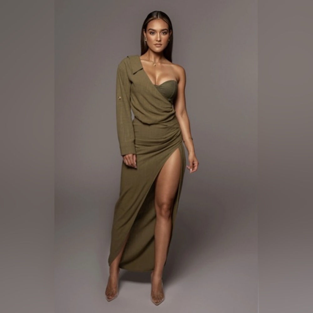 Olive One-Shoulder High-Slit Maxi Dress